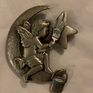 VINTAGE ANGEL BROOCH PIN JJ PAINTING MOON STAR